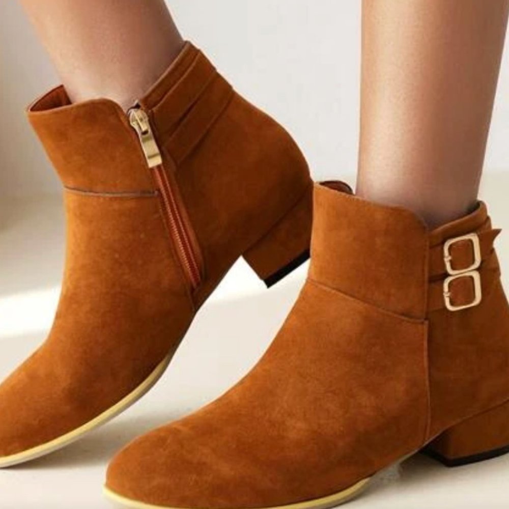 Suedette Buckle Decor Zip Side Boots